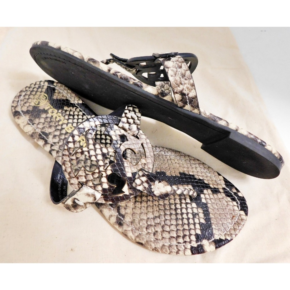 Tory Burch Miller Beige Black Python Embossed Leather Thong Flats sz 7.5 M - Picture 3 of 4